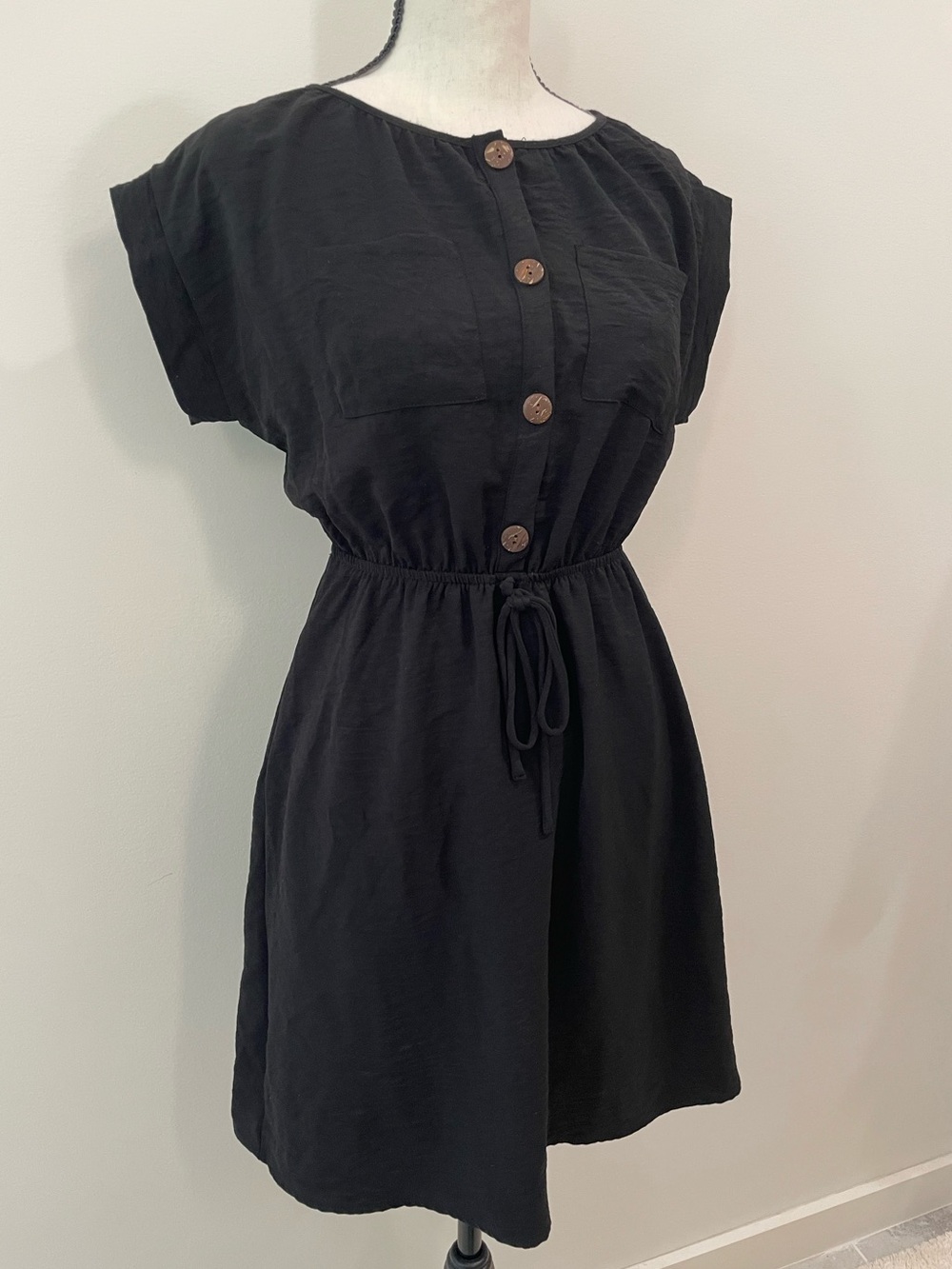 Black Button Front Mini Dress Women XS Drawstring Waist Pockets Casual Monteau